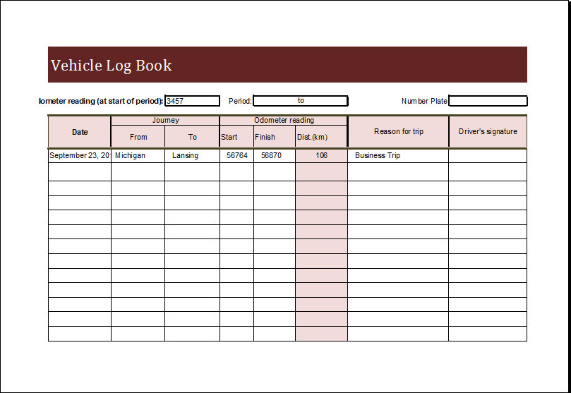 Example of Printable Vehicle Log Book Template