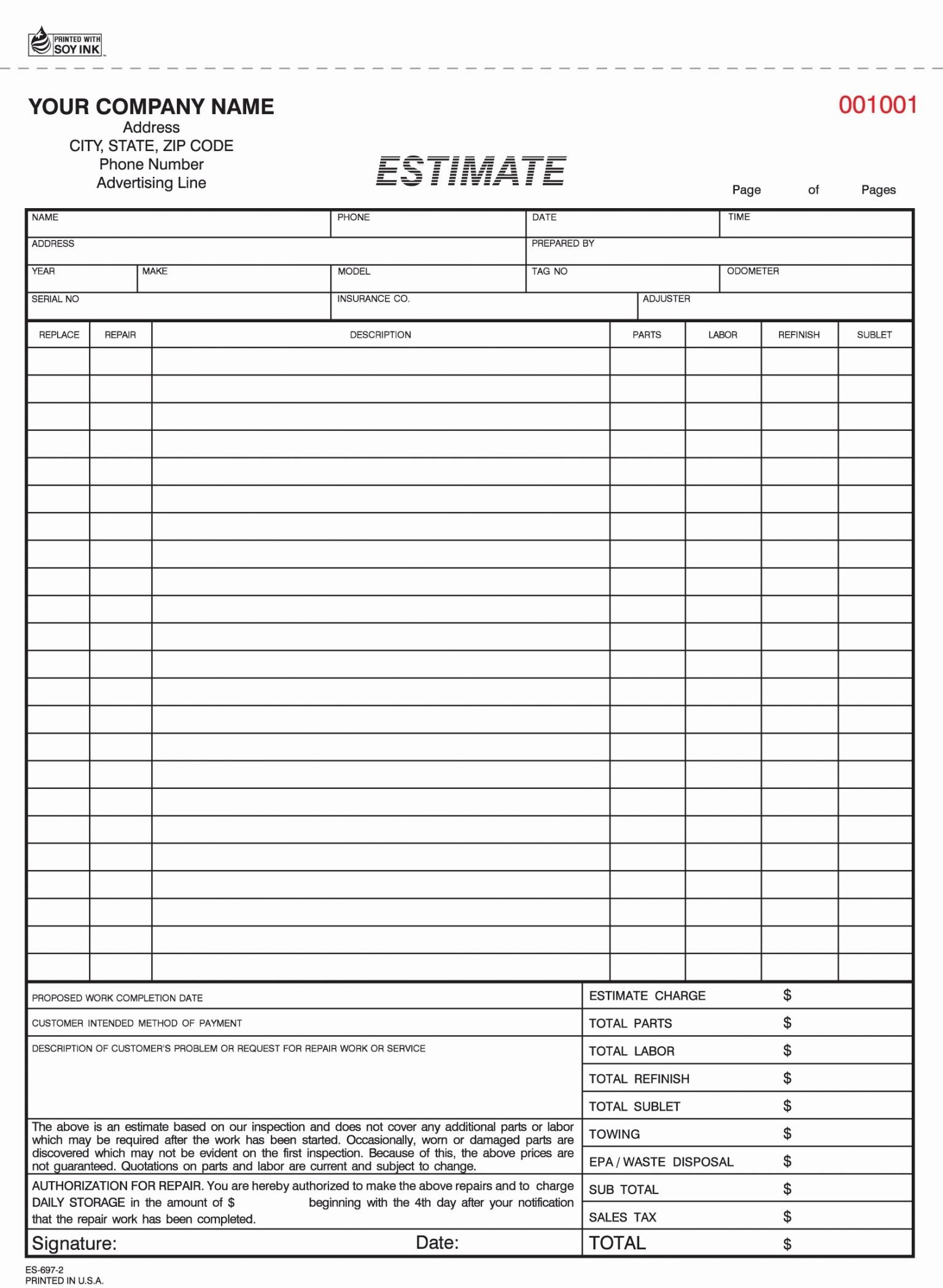 Example of Printable Vehicle Repair Estimate Template