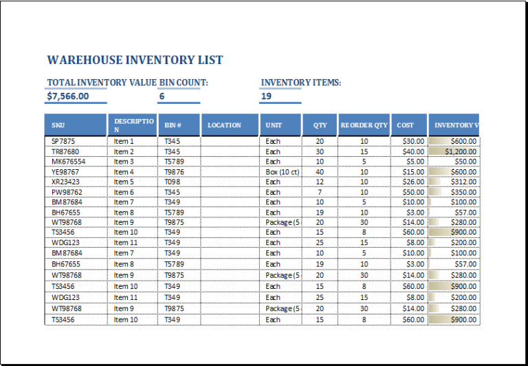 Example of Printable Warehouse Inventory List Template