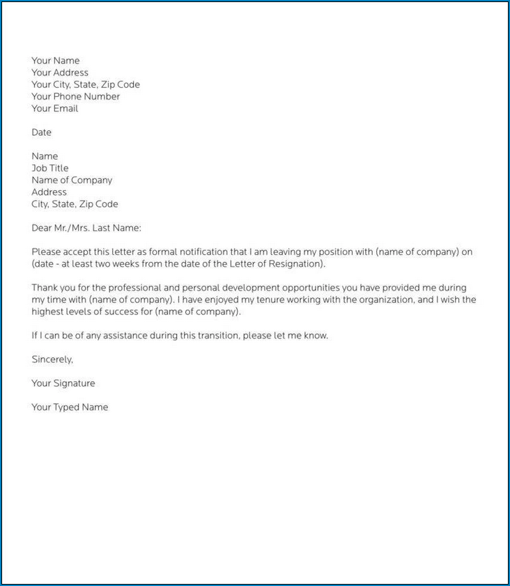 Example of Professional Resignation Letter Template