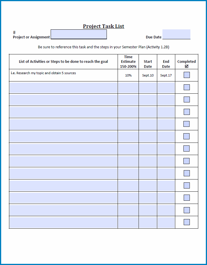 Example of Project Task List Template Excel