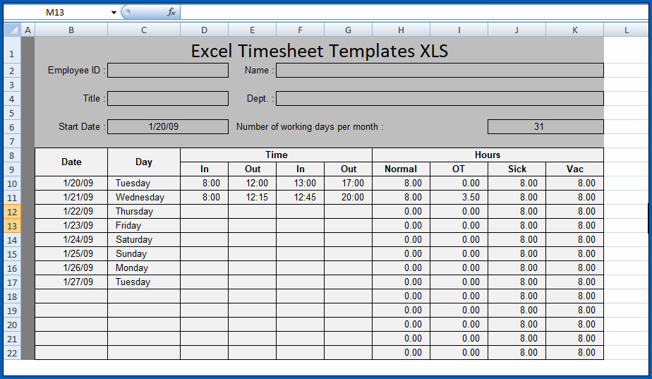 Example of Project Timesheet Template Excel