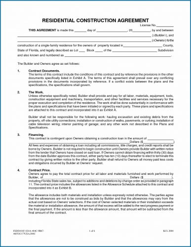 √ Free Printable Residential Construction Contract Template