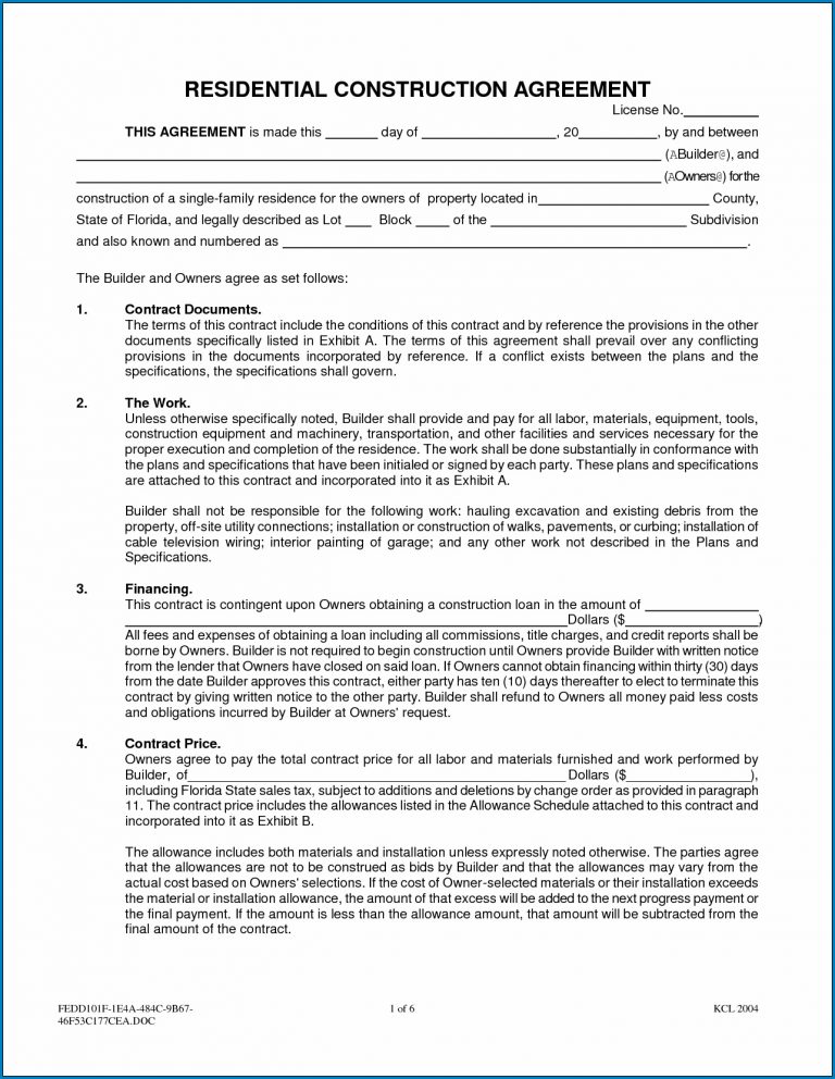 √ Free Printable Residential Construction Contract Template