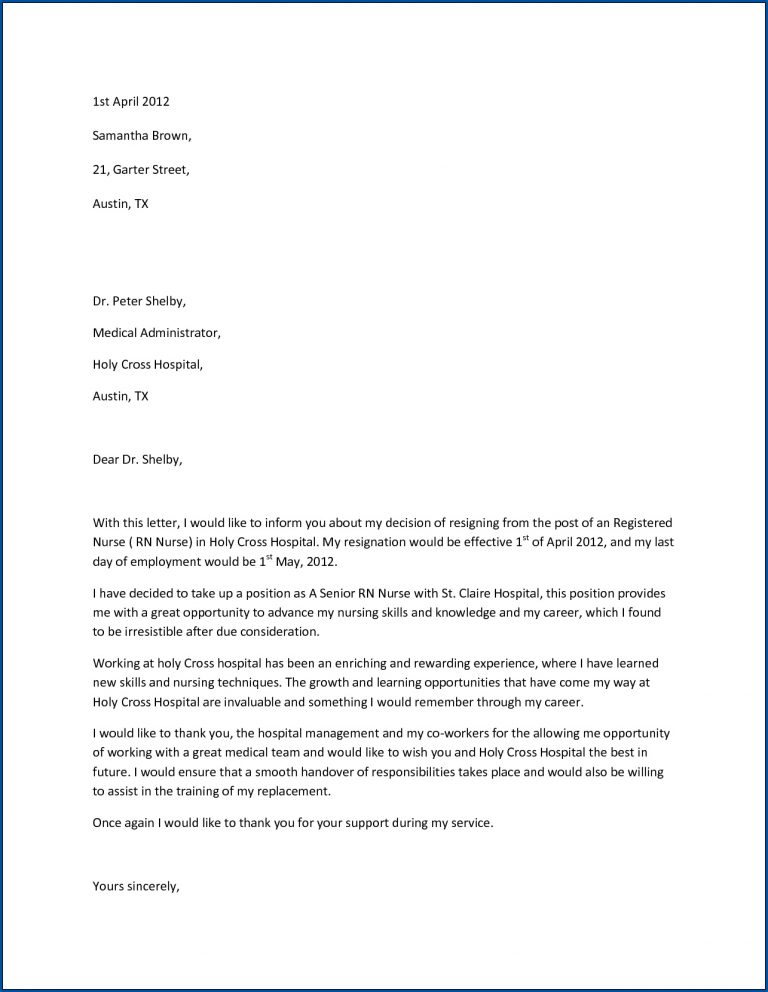 √ Free Printable Resignation Letter For Nurses