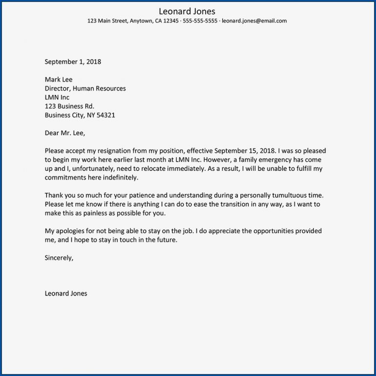 Example of Resignation Letter From Work | Templateral