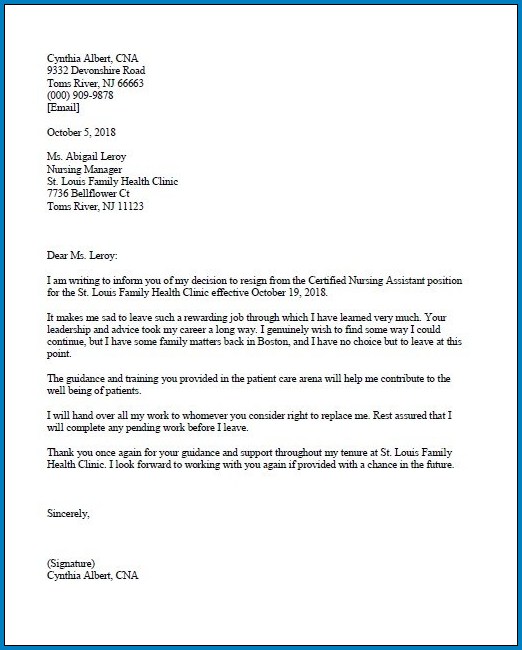 Example of Resignation Letter Of Job