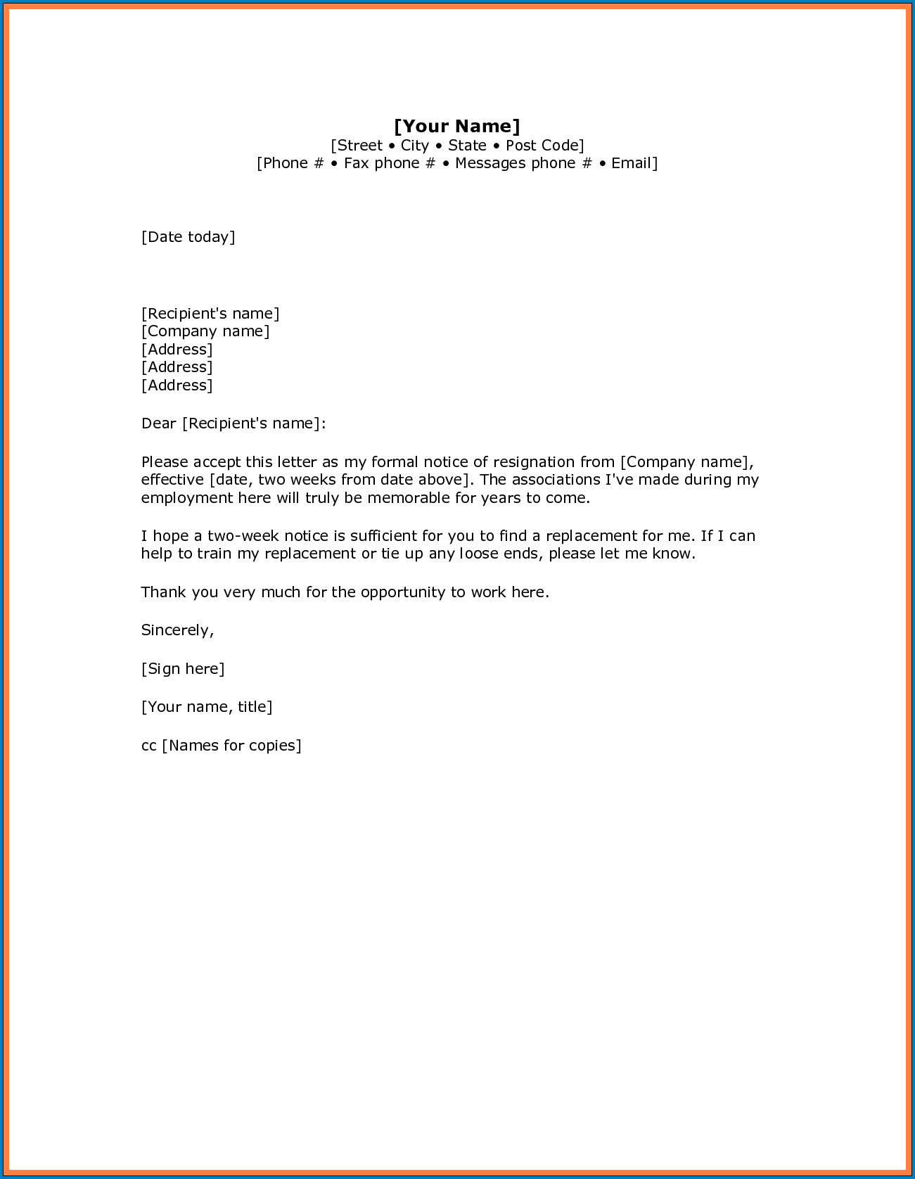 Example of Resignation Letter With Notice