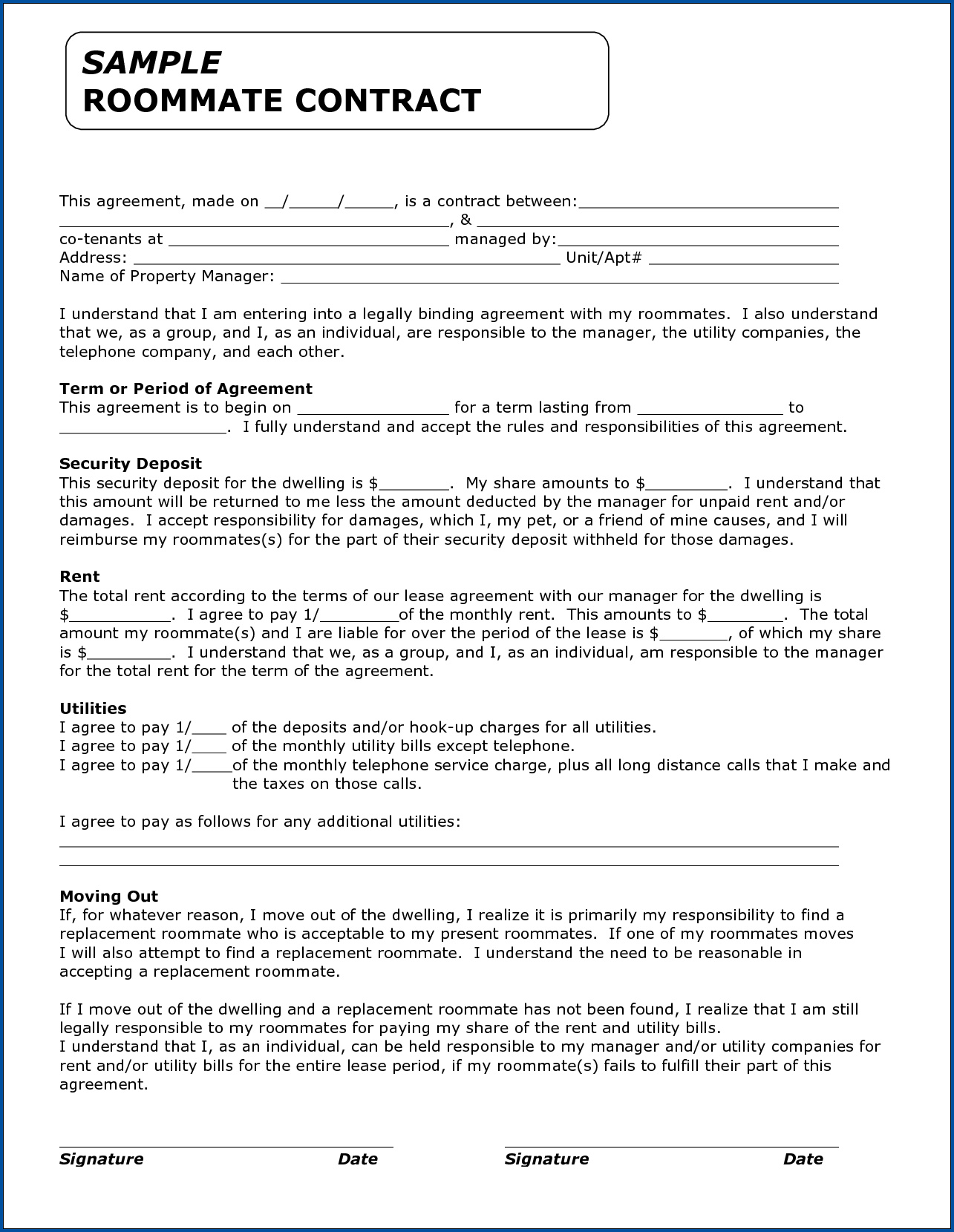 Example of Roommate Agreements Template