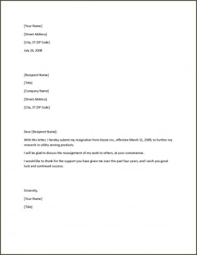 √ Free Printable Short Resignation Letter Template