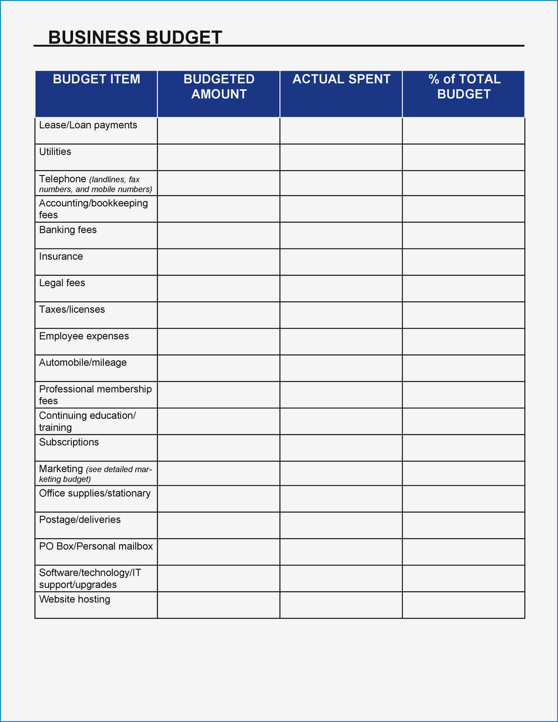 Example of Small Business Budget Template