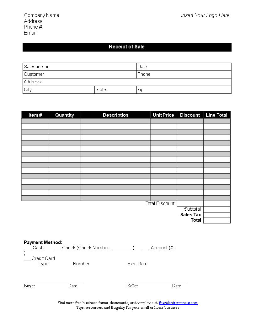 Example of Small Business Sales Receipt Template