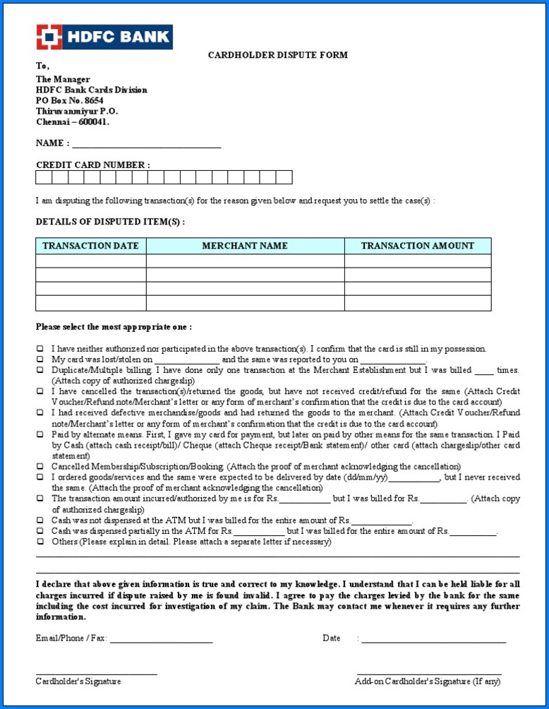 Example of Transaction Dispute Form