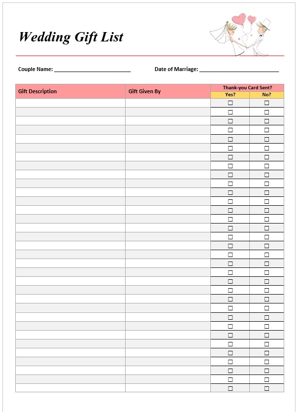 Example of Wedding Gift List Template