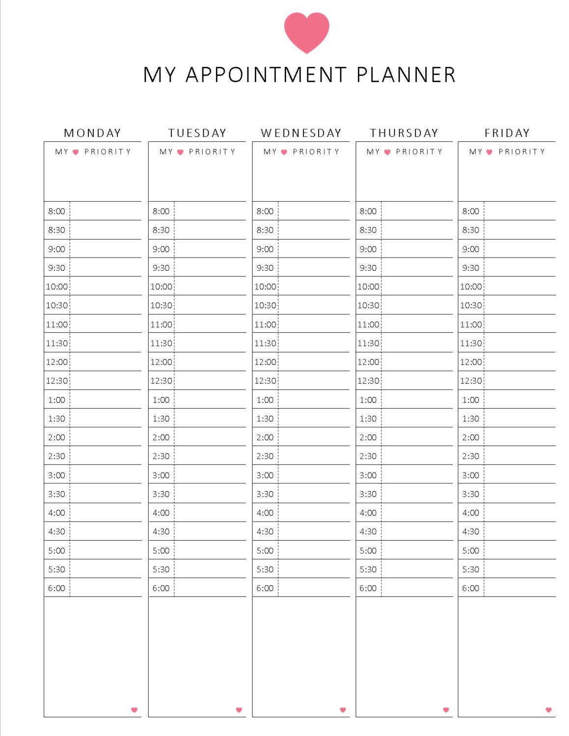 Example of Weekly Appointment Sheet Template