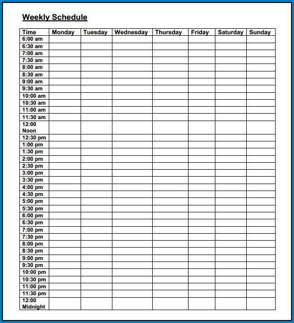 Example of Weekly Timetable Template