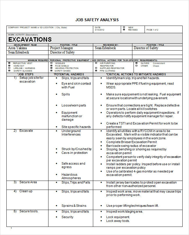 Excavation Job Safety Analysis Template