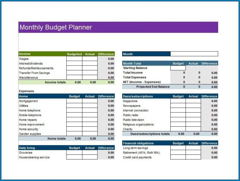 √ Free Printable Excel Budget Template