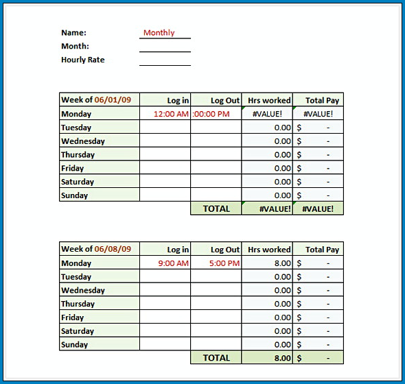 Excel Timesheet Template Monthly Sample