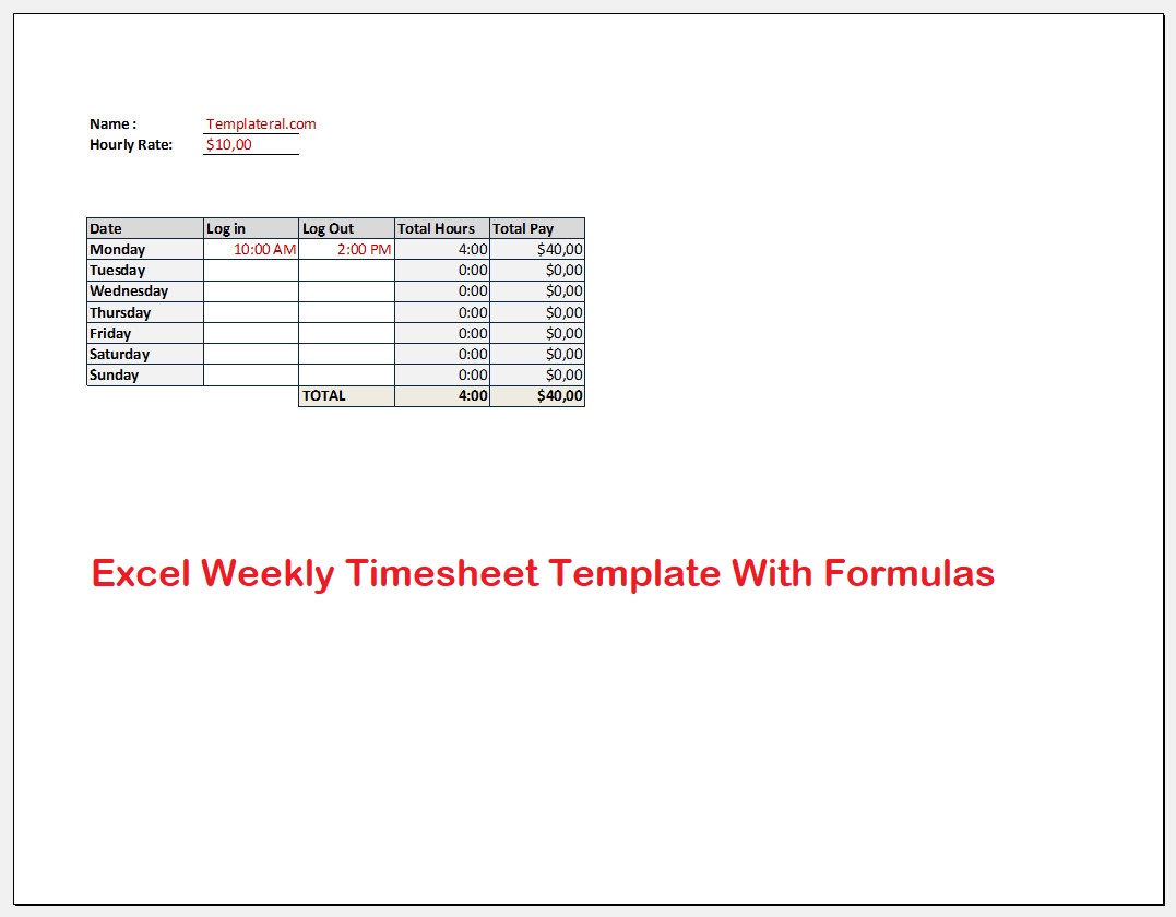  Free Excel Weekly Timesheet Template With Formulas Templateral