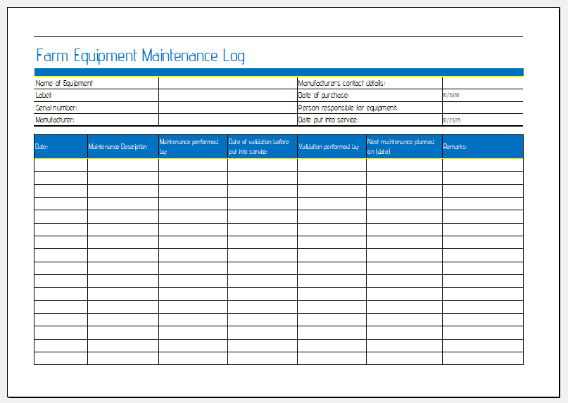 Farm Equipment Maintenance Log Template