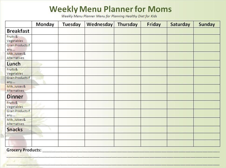 Fast Metabolism Diet Weekly Manu Planner Template