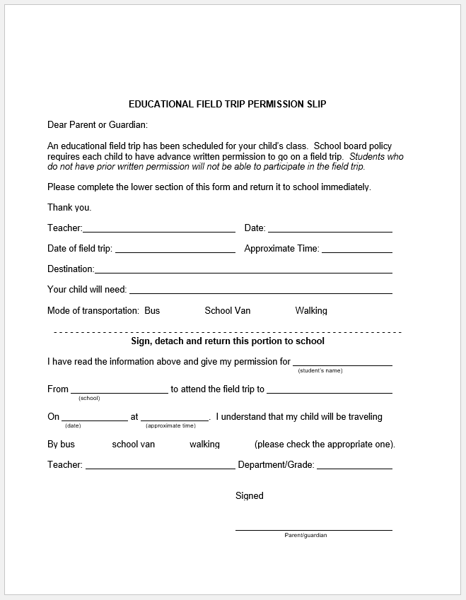 Field Trip Permission Form