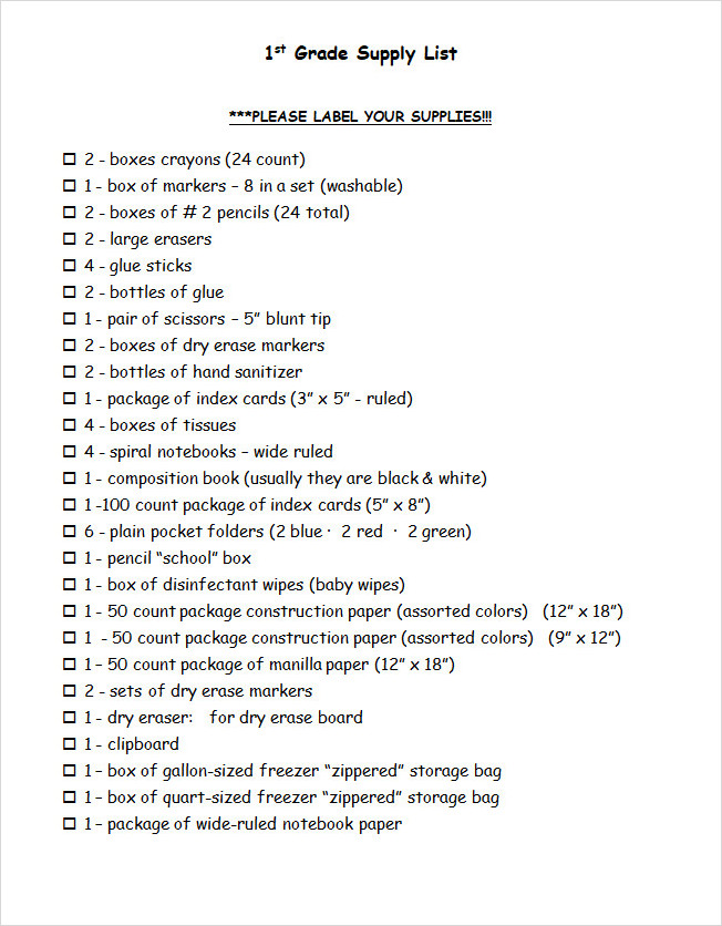 First Grade Supply List Template Word