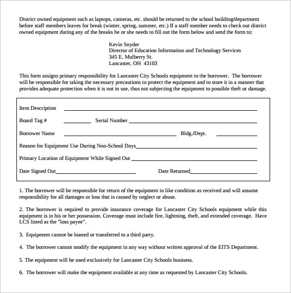 Football Equipment Sign out Sheet Template Sample