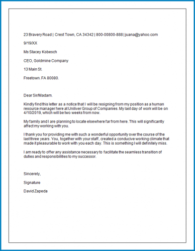 √ Formal Letter Of Resignation Template