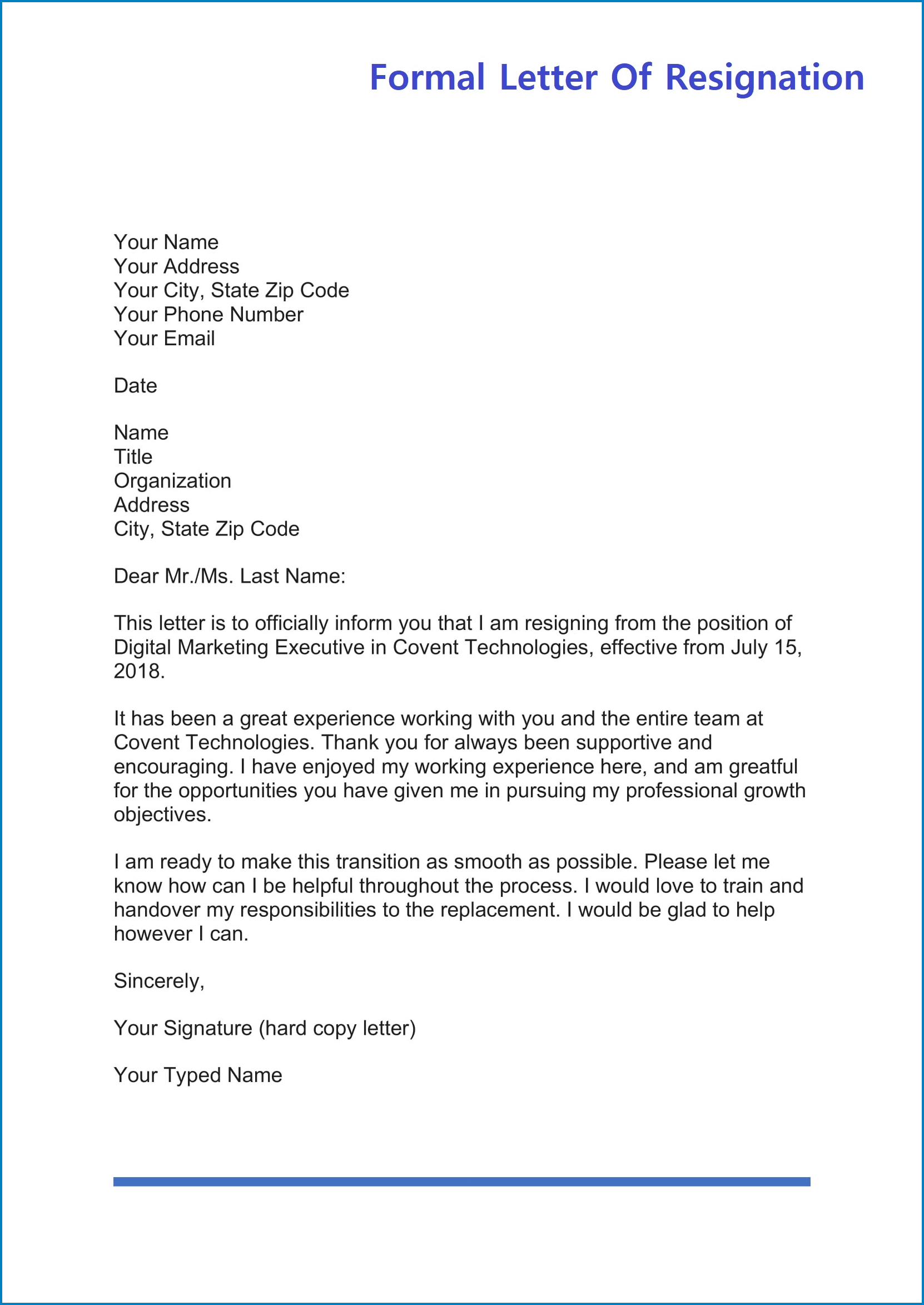 Formal Letter Of Resignation Template Example