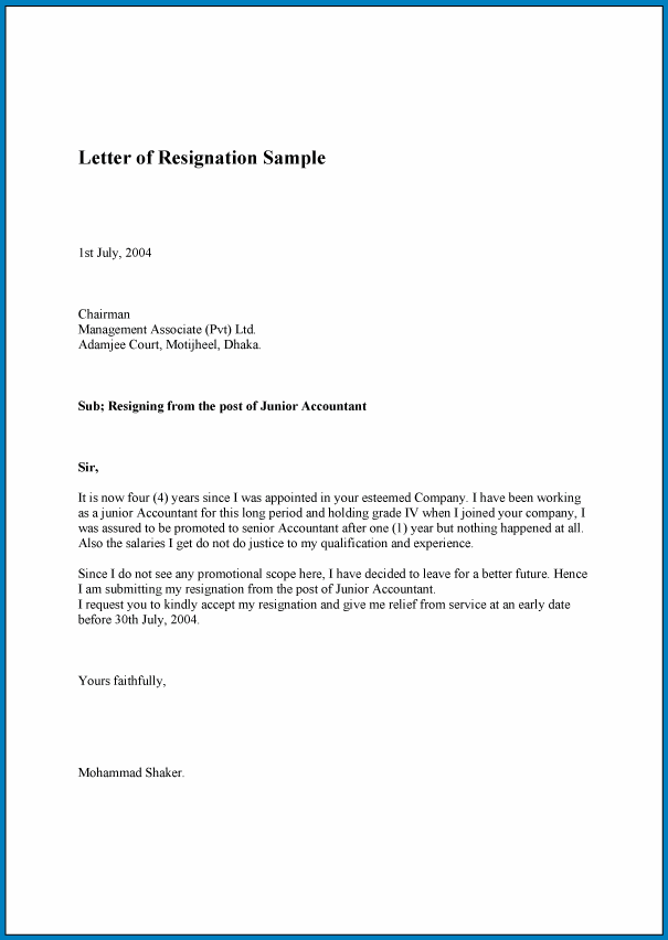 Formal Letter Of Resignation Template Sample