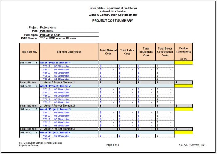 √ Free Construction Estimate Template Excel