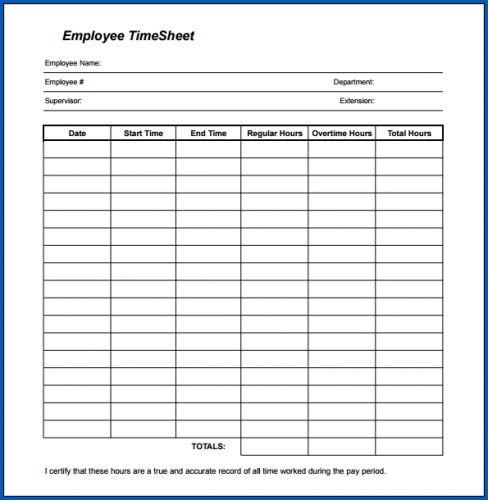 Free Printable Time Sheets PDF Example | Templateral