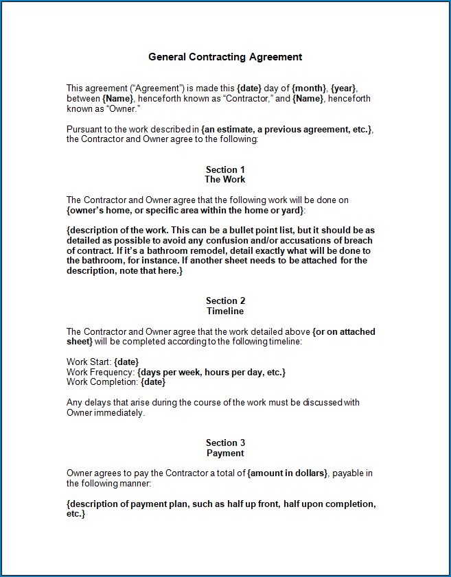 Free Printable General Contractor Agreement Template