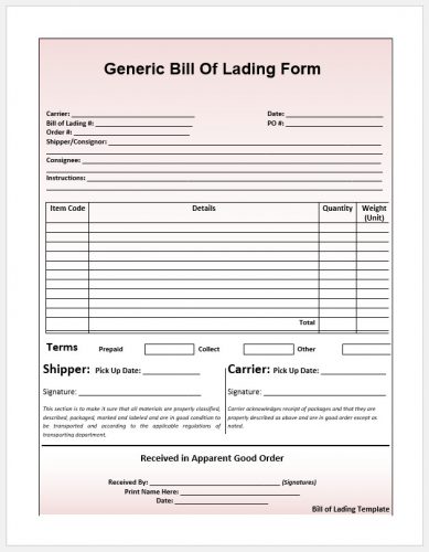 √ Free Printable Generic Bill Of Lading Form