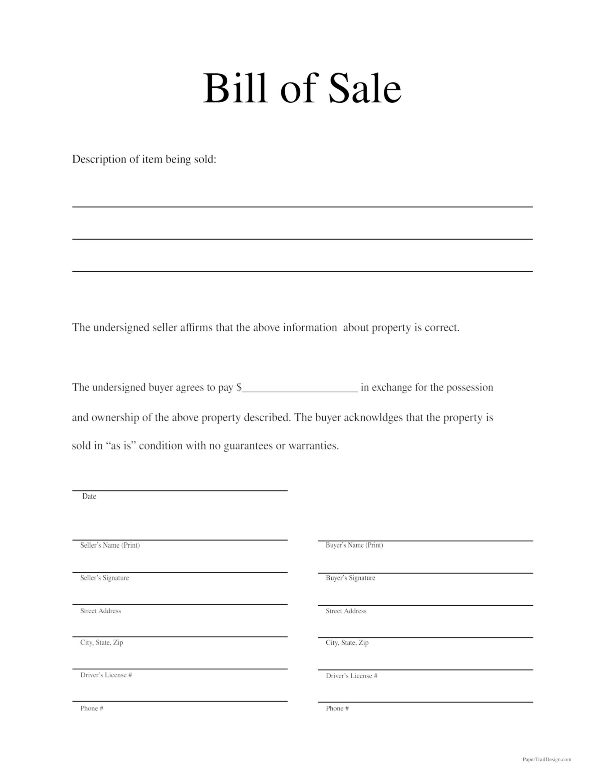 Generic Bill Of Sale Template