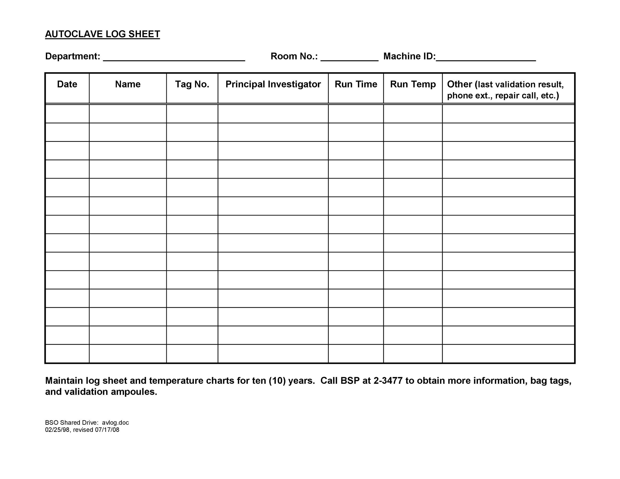 Hardware Log Sheet Template Example