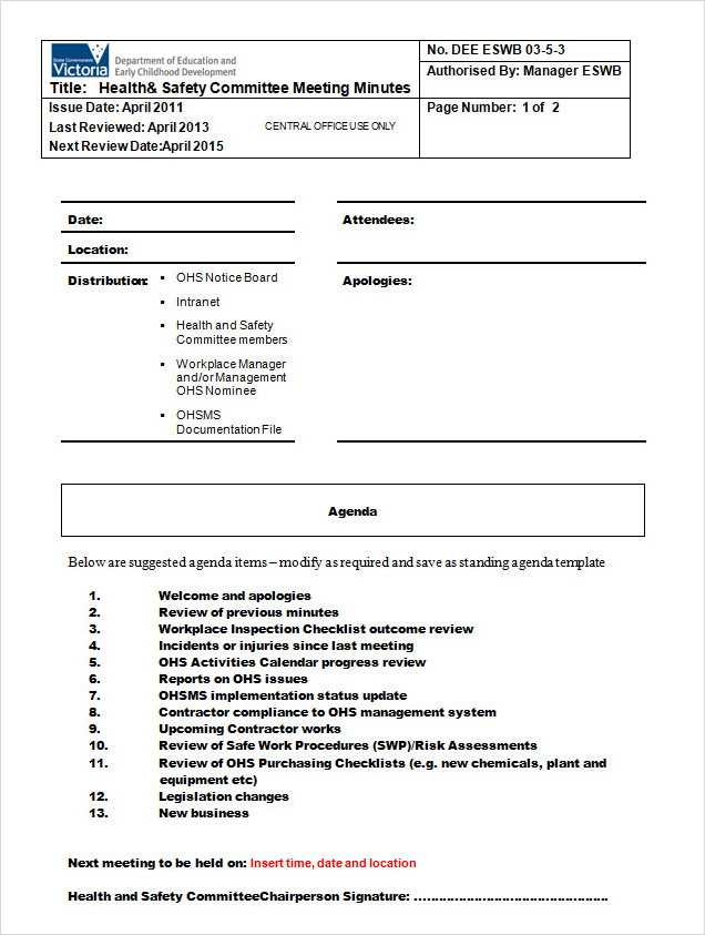 Health And Safety Committee Meeting Template Word