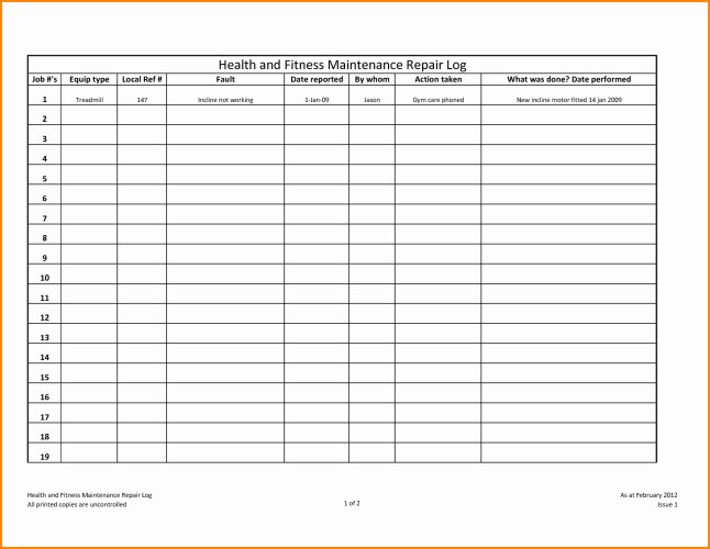 √ Heavy Equipment Maintenance Log Template