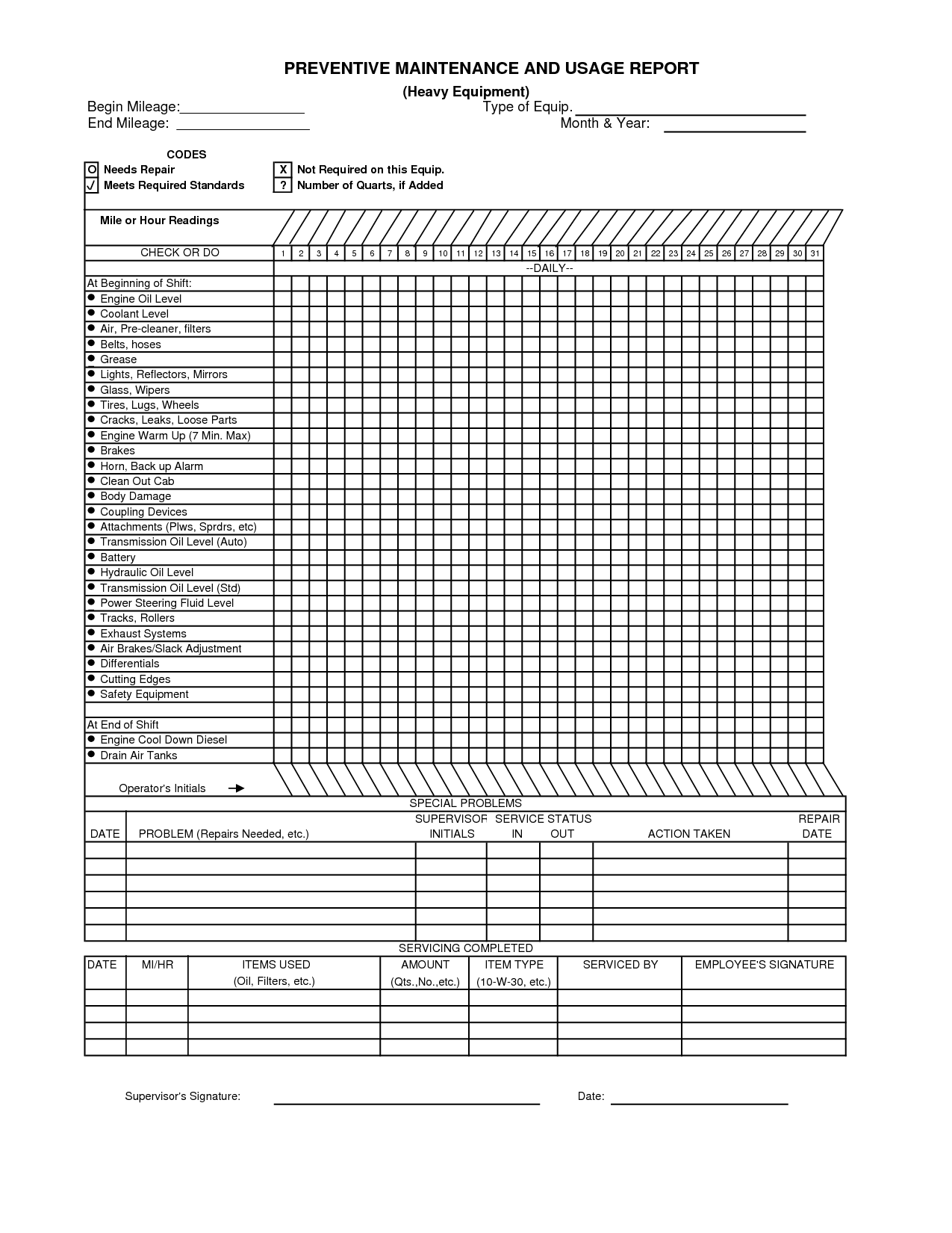 Heavy Equipment Maintenance Log Template Sample