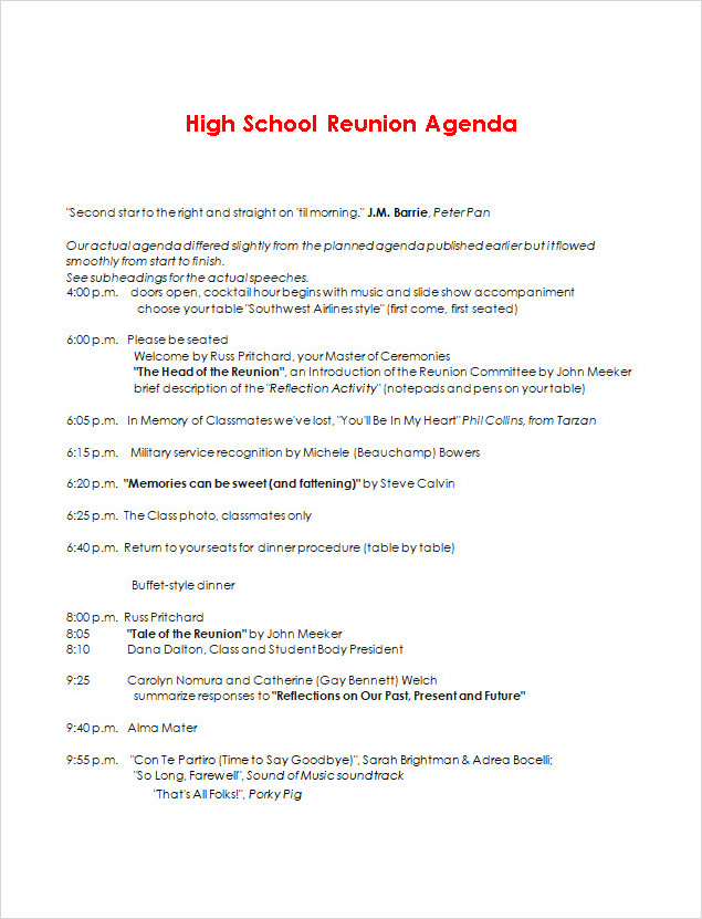 High School Family Reunion Agenda Template Word