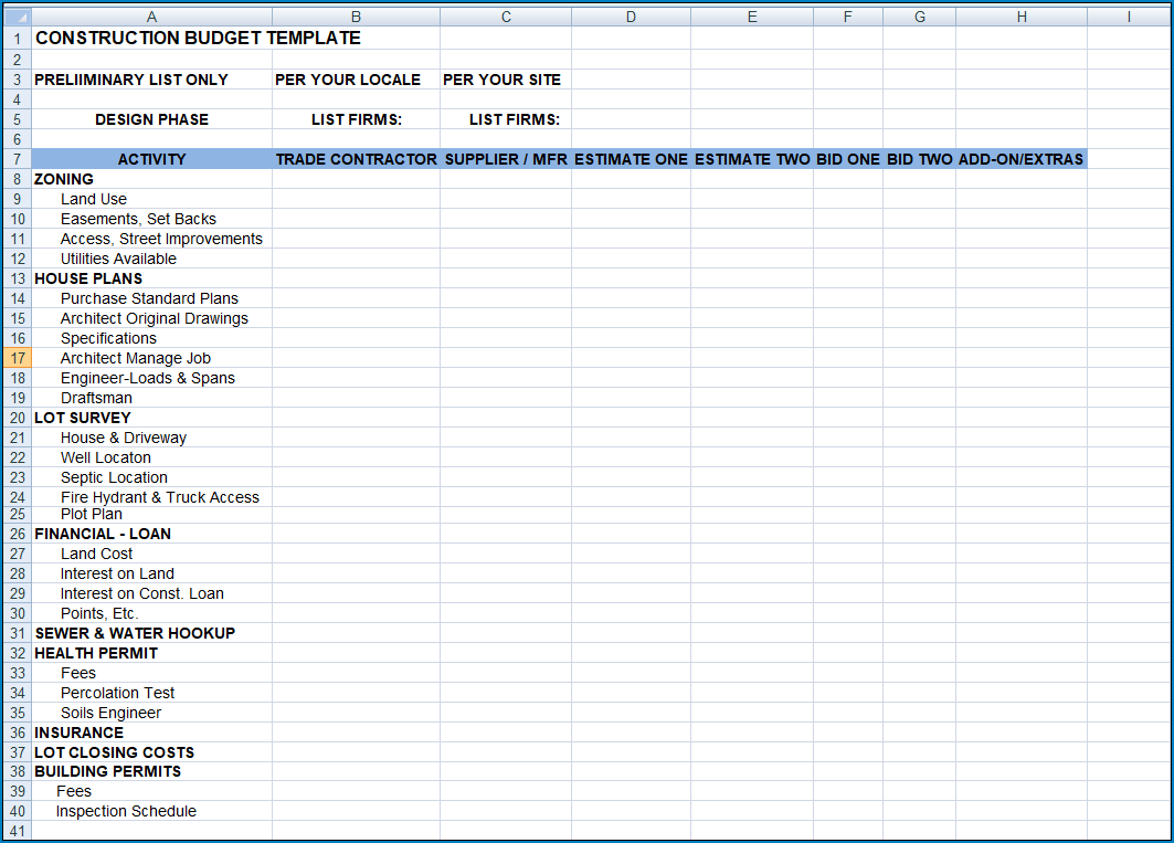 √ Free Printable Home Construction Budget Template