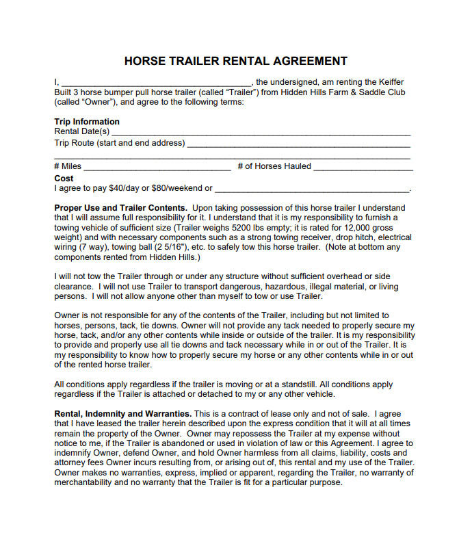 Horse Trailer Rental Agreement Template