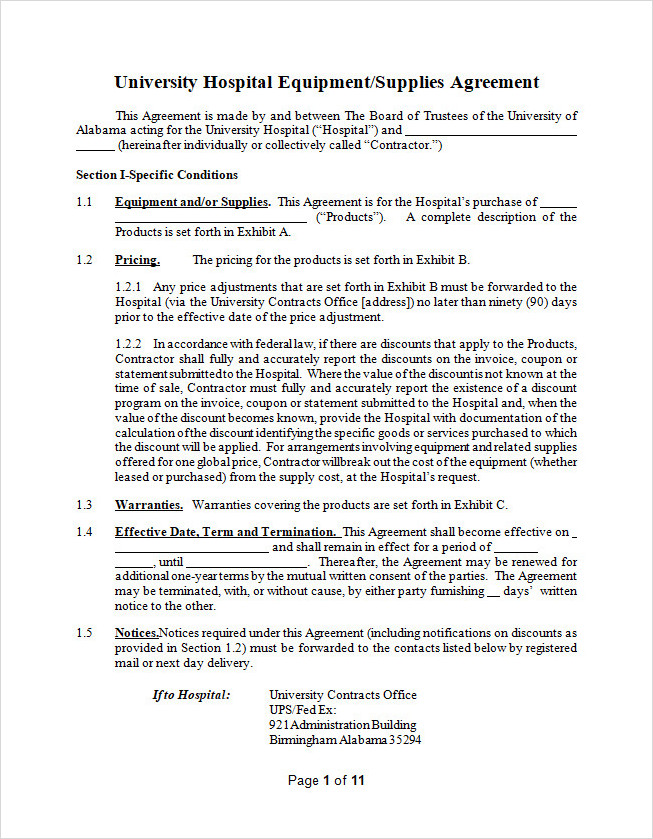 Hospital Equipment Supplies Agreement Template Word