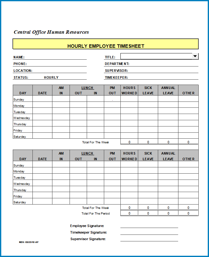 Hourly Timesheet Template Example