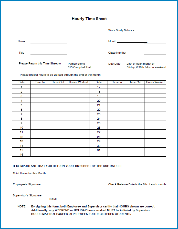 Hourly Timesheet Template Sample