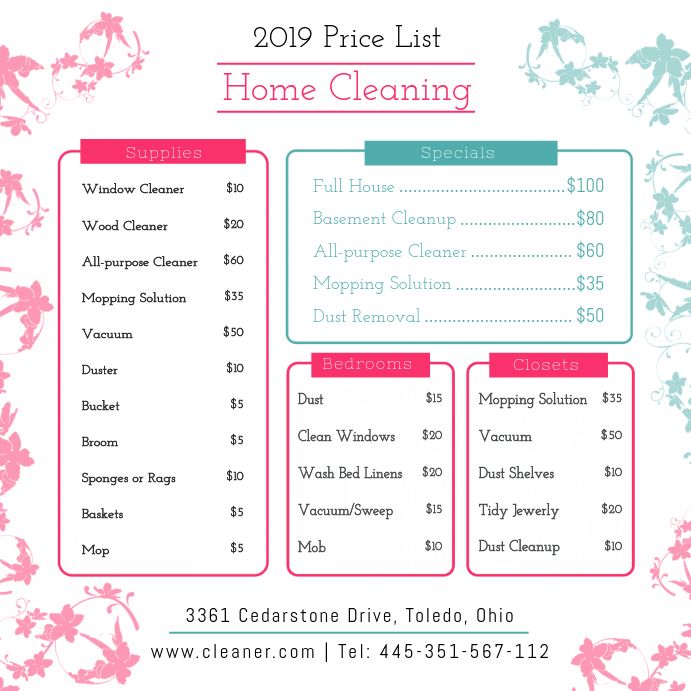 House Cleaning Services Price List Template Sample