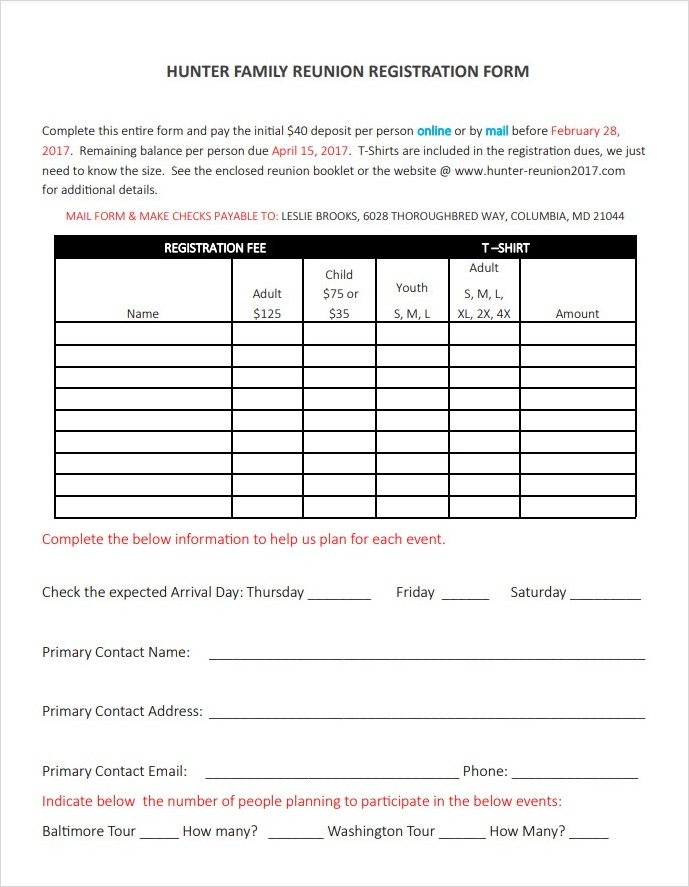 Hunter Family Reunion Registration Form