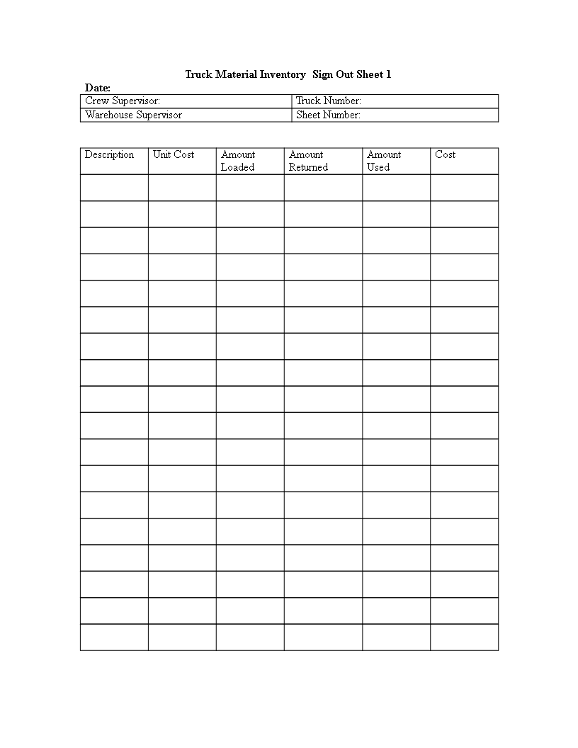 Vehicle Sign-out Sheet Template